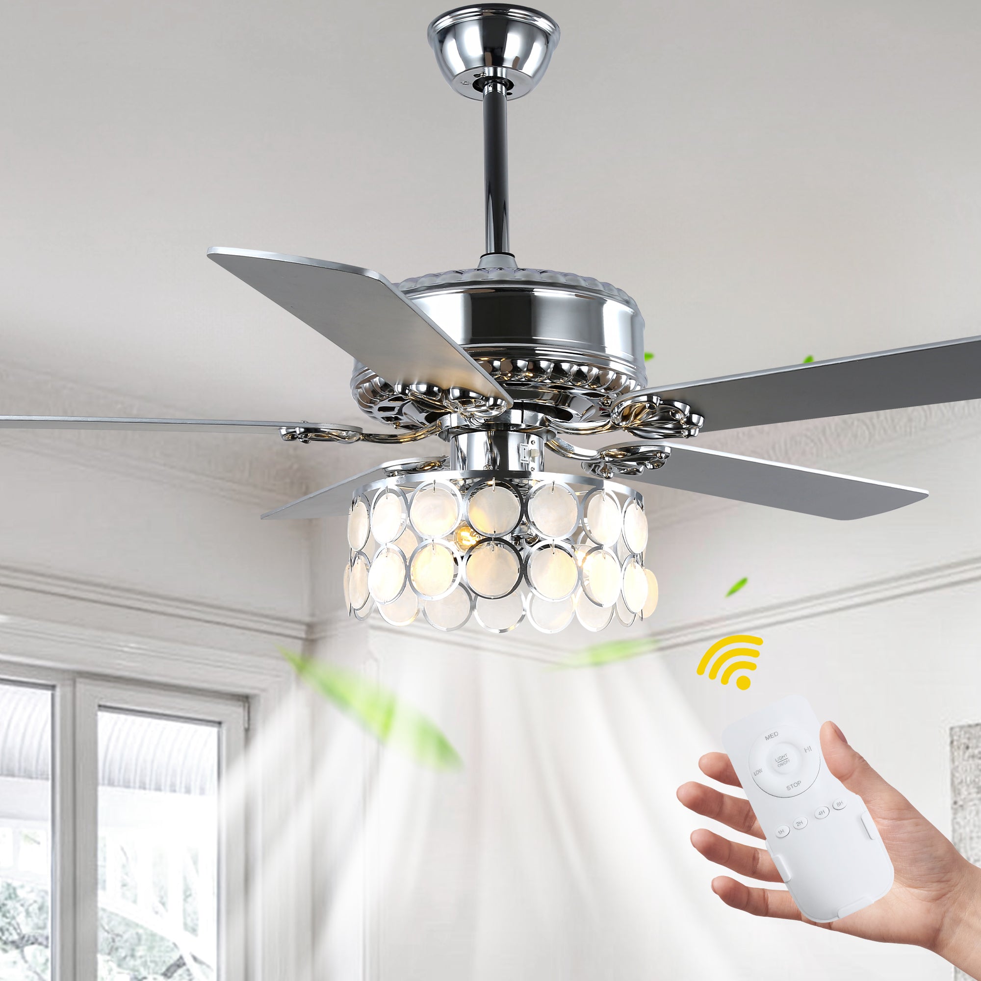 DC5216-BellaDepot 52" 5 Wooden Blades Chrome Finish Modern Reversible Ceiling Fan with Remote and Light, 6-speed Large Size Ceiling Fan