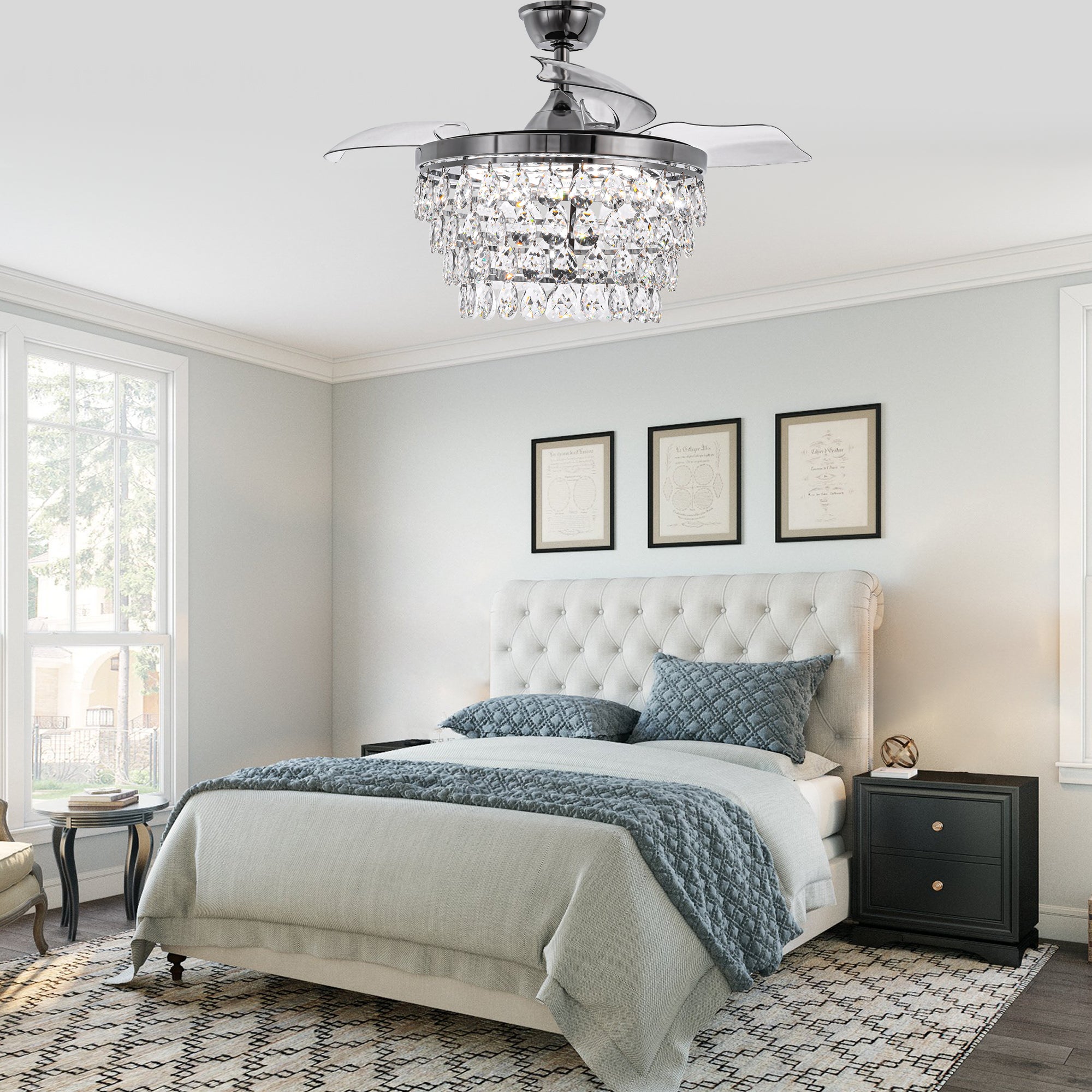 DC4270-BellaDepot 42" Silver or Gold Crystal Chandelier Ceiling Fan with Remote and Lights, Retractable Blades Ceiling Fan