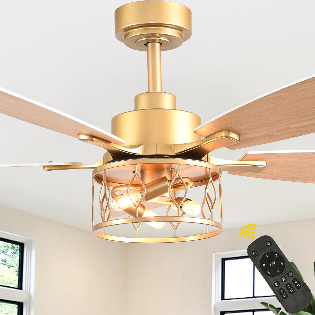 52 Inch Golden Modern Ceiling Fan with Lights and Remote Control, 6 Sp ...