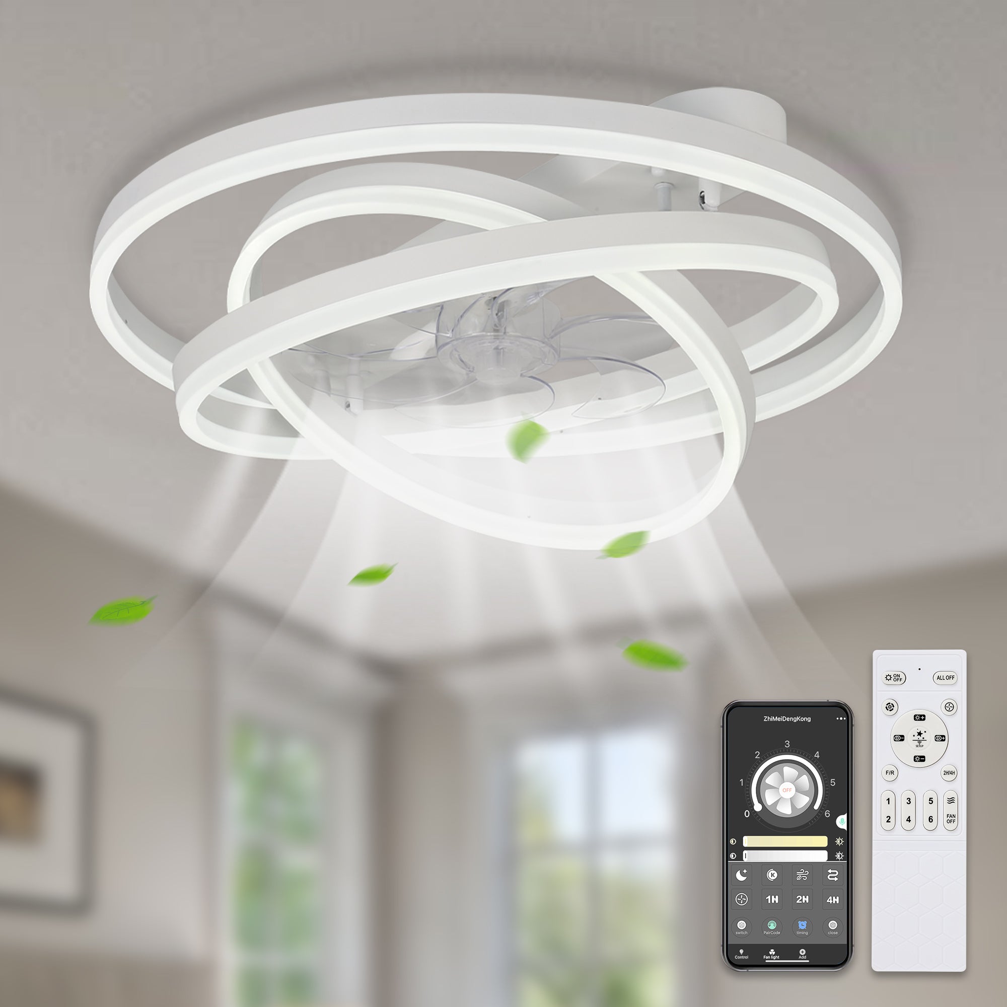 24 Inch Modern Smart Flush Mount LED Ceiling Fan with Light and Remote, 6 Speeds DC Motor Bladeless Low Profile Ceiling Fan