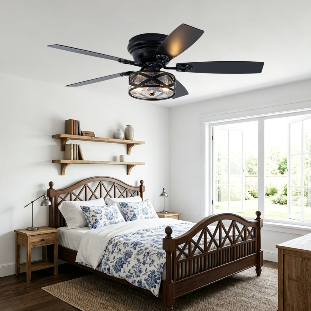 Farmhouse 52 Inch Caged  Flush Mount Ceiling Fan with Light Quiet Reversible DC Motor with 5 Fan Blades Ceiling Fan with Light Remote Control Adjustable 6 Speed Ceiling Fan with Light Suit for Bedrooms, Living Rooms, Kitchens