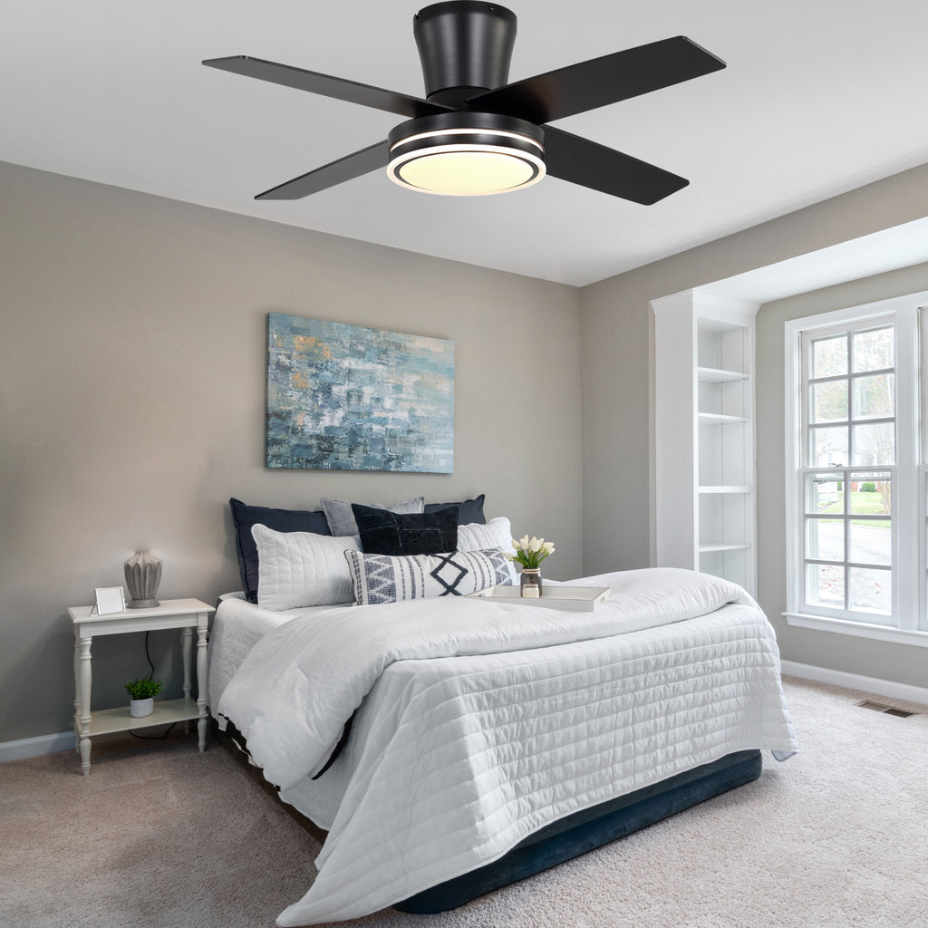 44 Inch Black/Chrome Modern Flush Mount Ceiling Fan with Dimmable LED Lights and Remote, 6 Speeds DC Motor Low Profile Ceiling Fan