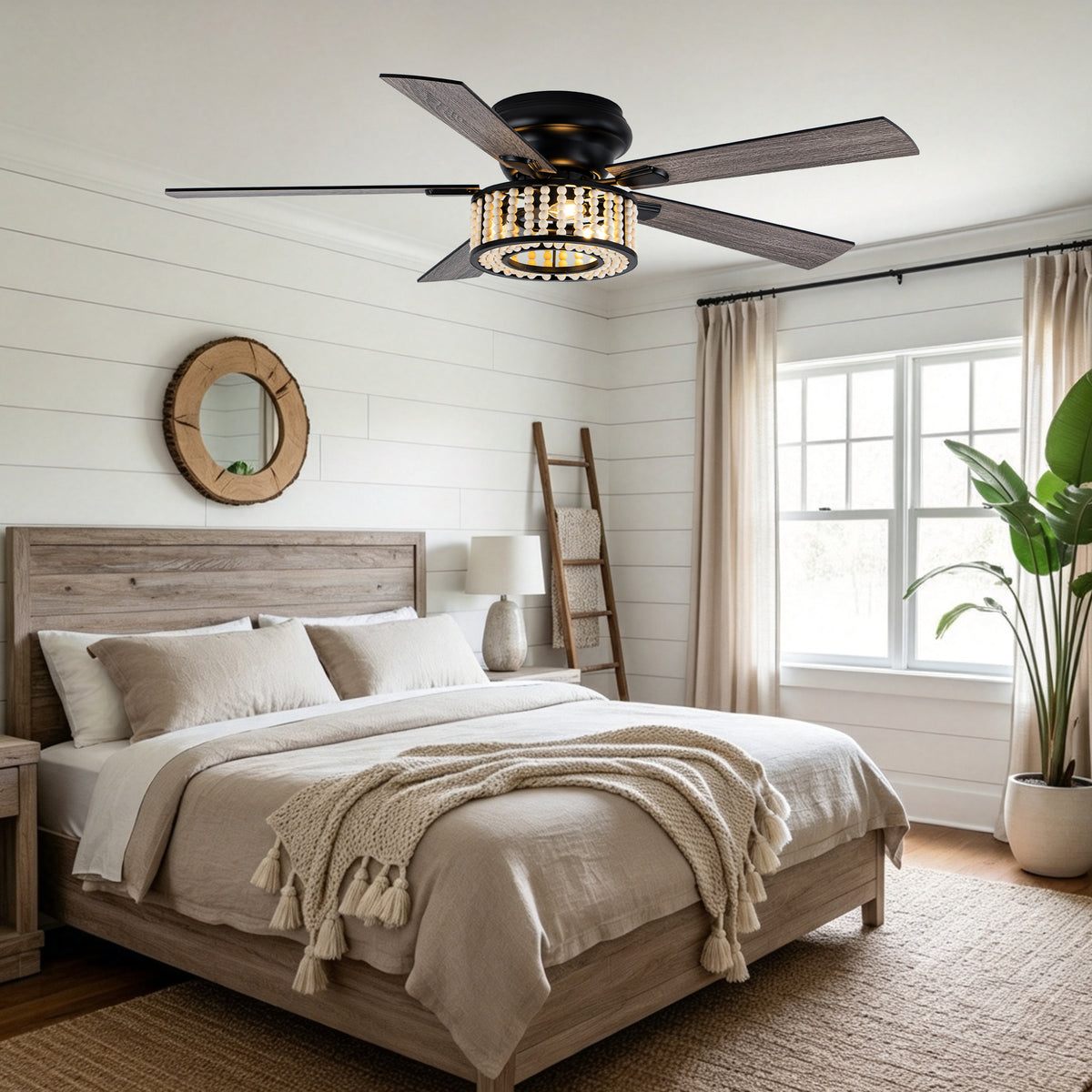 Bohemian 52 Inch Flush Mount Ceiling Fan with Light Quiet DC Motor Reversible 5 Fan Blades Farmhouse Ceiling Fan with Light Remote Control 6 Adjustable Speed Ceiling Fan Suit for Bedrooms, Kitchens, Living Rooms