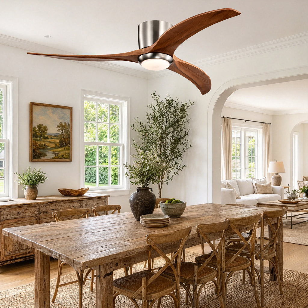 Farmhouse 52 Inch Flush Mount Ceiling Fan with LED Light Quiet DC Motor Ceiling Fan with Light 6-Speed Remote Control Ceiling Fan with Light Suit for Bedrooms, Living Rooms, Kitchens