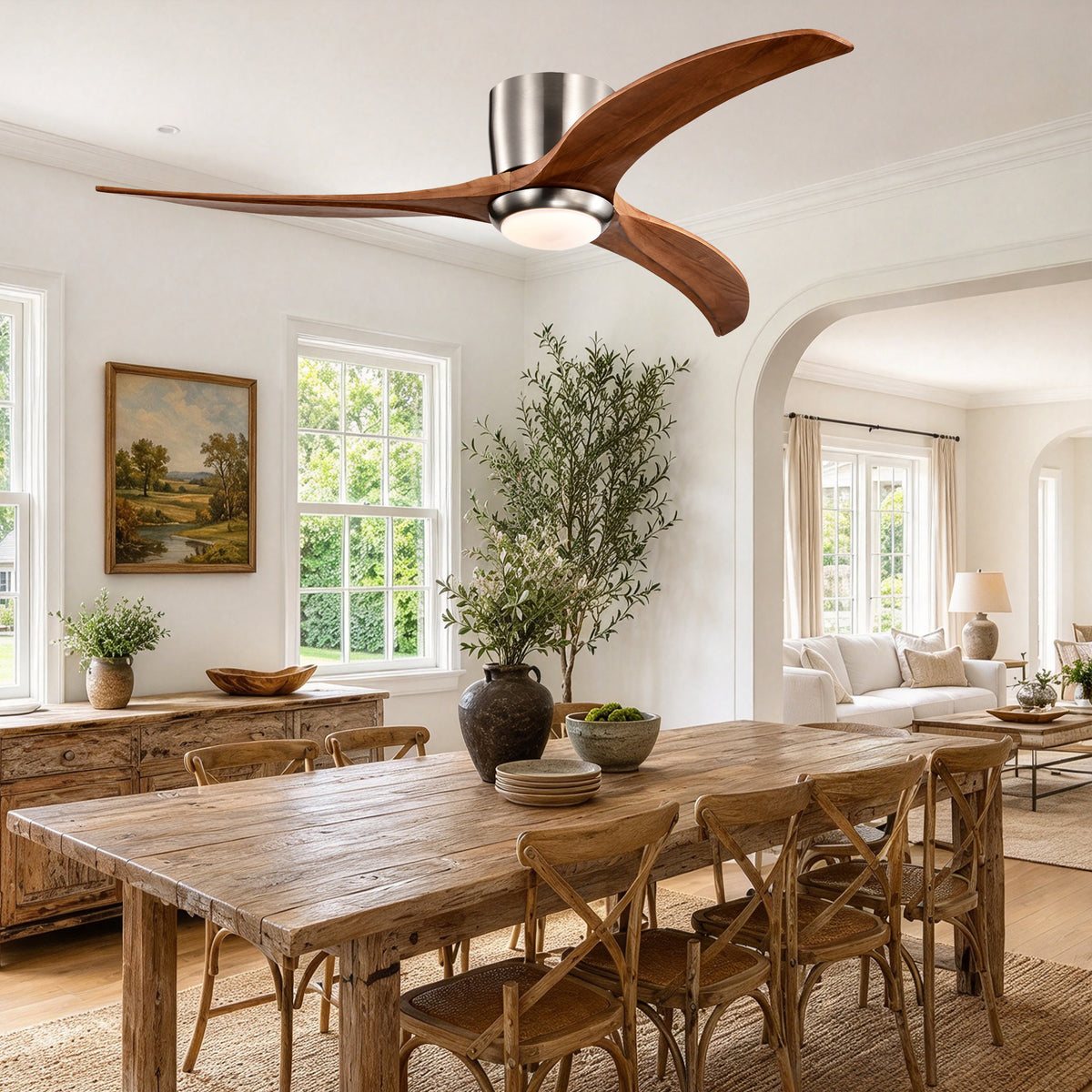 Farmhouse 52 Inch Flush Mount Ceiling Fan with LED Light Quiet DC Motor Ceiling Fan with Light 6-Speed Remote Control Ceiling Fan with Light Suit for Bedrooms, Living Rooms, Kitchens