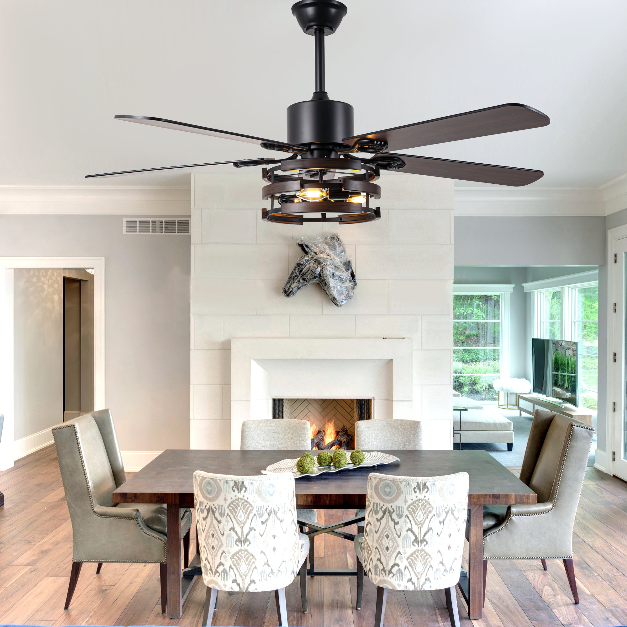 DC5224-BellaDepot 52" Farmhouse Industrial Brown Ceiling Fan with Remote Control, 6 Speeds Ceiling Fan with Lights for Living Room