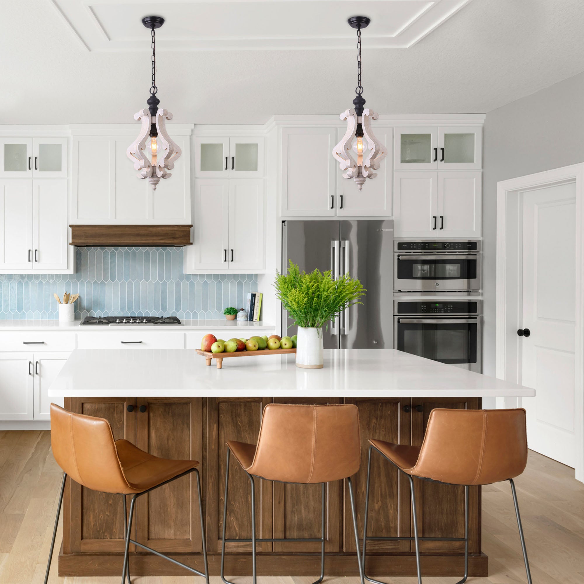 1 - Light Rustic Distressed Wood/White Chandelier, 12.6" Wooden Farmhouse Chandelier Kitchen Island Light Pendant Light