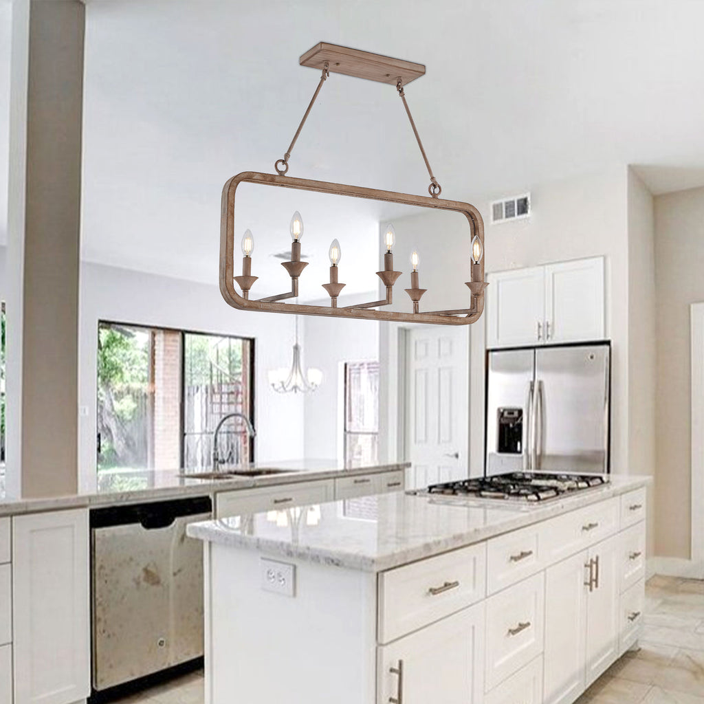 6 - Lights Rustic Distressed Wood Chandelier, Vintage Farmhouse Chandeliers for Dining Room Kitchen Island Lighting