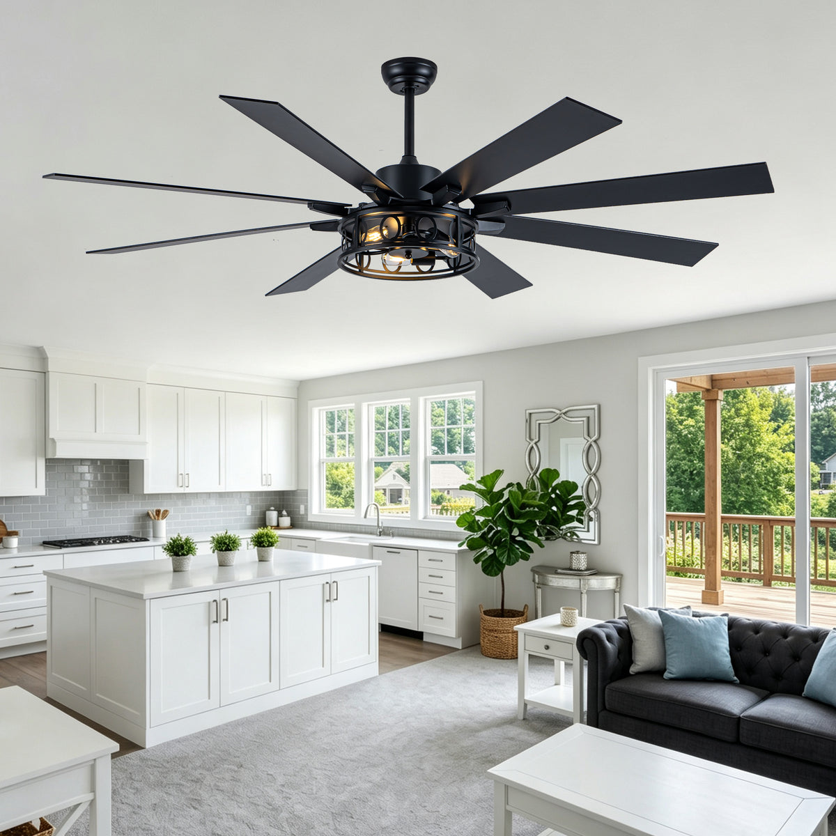 Farmhouse 72 Inch Caged Down Rods Ceiling Fan with Light Reversible Quiet DC Motor 6-Speed Ceiling Fan with Light Retro Remote Control Timming Ceiling Fan with Light Suit for Living Room, Bedroom, Kitchen