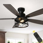 52 Inch Black Farmhouse Industrial Flush Mount Ceiling Fan with Lights and Remote, 6 Speeds DC Motor Reversible Low Profile Ceiling Fan
