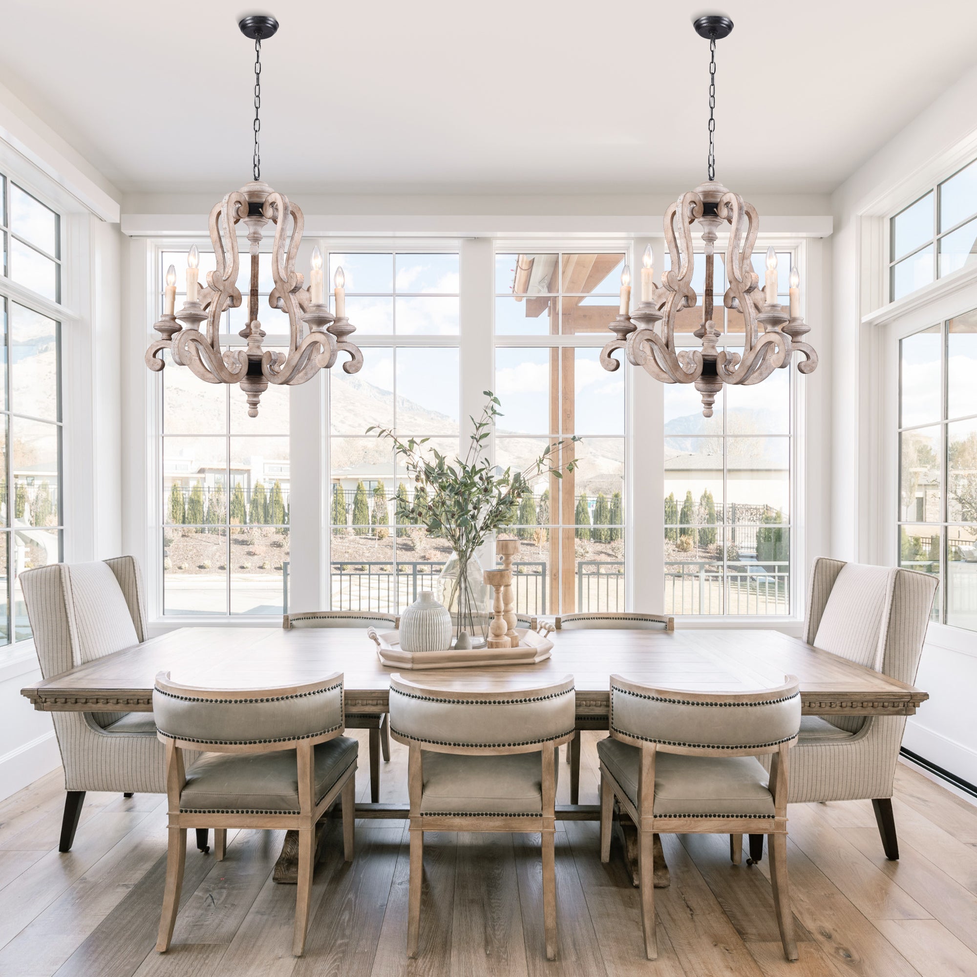 5 - Light Distressed Wood French Country Vintage Chandelier with Adjustable Height,  25" Farmhouse Chandelier for Dining Room