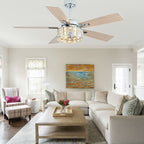 52 Inch Chrome Glam Crystal Ceiling Fan with Lights and Remote Control, 6 Speeds Reversible Ceiling Fan with Crystals