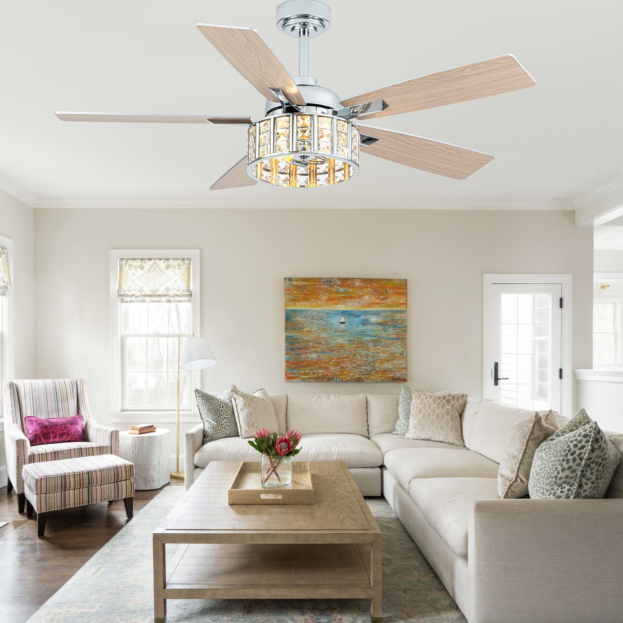 52 Inch Chrome Glam Crystal Ceiling Fan with Lights and Remote Control, 6 Speeds Reversible Ceiling Fan with Crystals