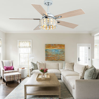 BellaDepot 52" Luxury Crystal Caged Chrome Ceiling Fan with Remote Control, 6 Speeds Ceiling Fan with Lights for Living Room- DC5229-MD