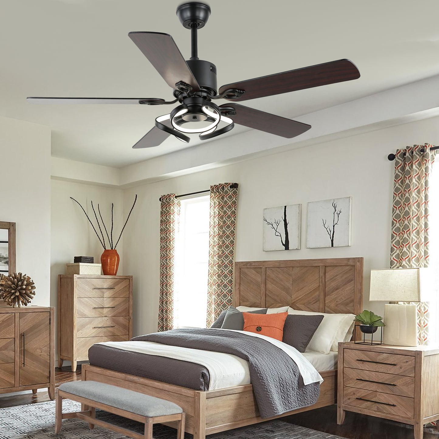 DC5217-52" 5 Wooden Blades Black/Chrome Finish Modern Reversible Ceiling Fan with Remote and Light Kit Included, 6-speed Dimmable Ceiling Fan