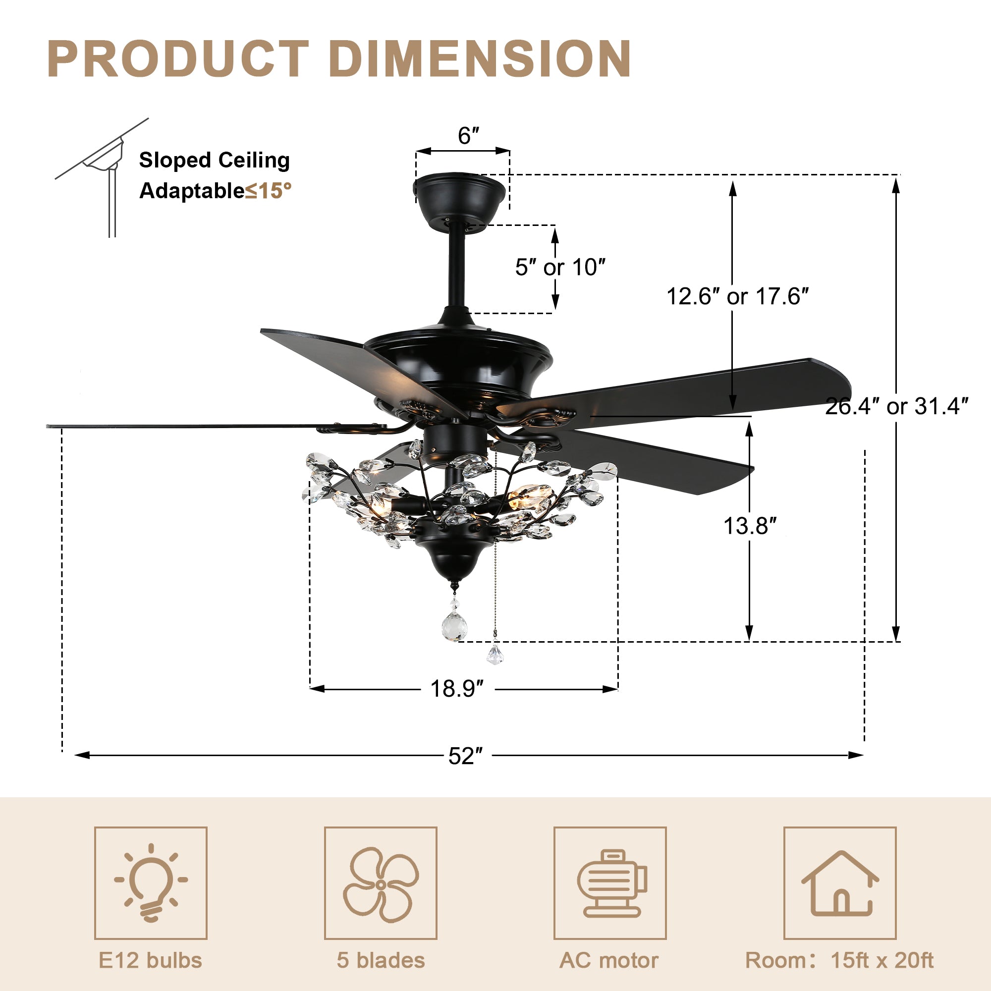BD2014-BellaDepot 52" Black/Chrome Luxury Crystal Reversible Ceiling Fan with Remote and 3 Lights