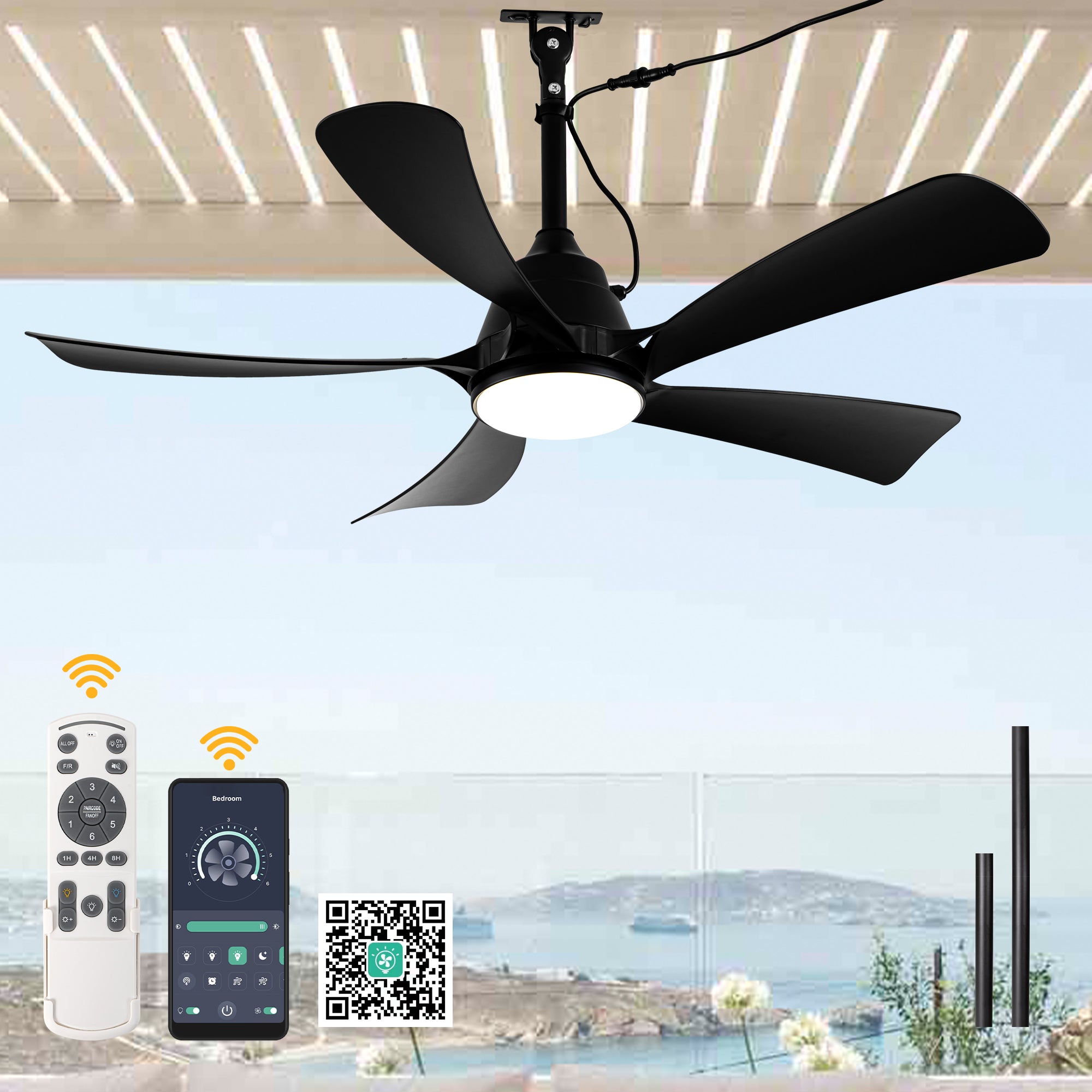 42 Inch Black 5-Blade Modern Smart Outdoor Ceiling Fan with Dimmable LED Lights, 6 Speeds Plug In Waterproof Ceiling Fans for Patios