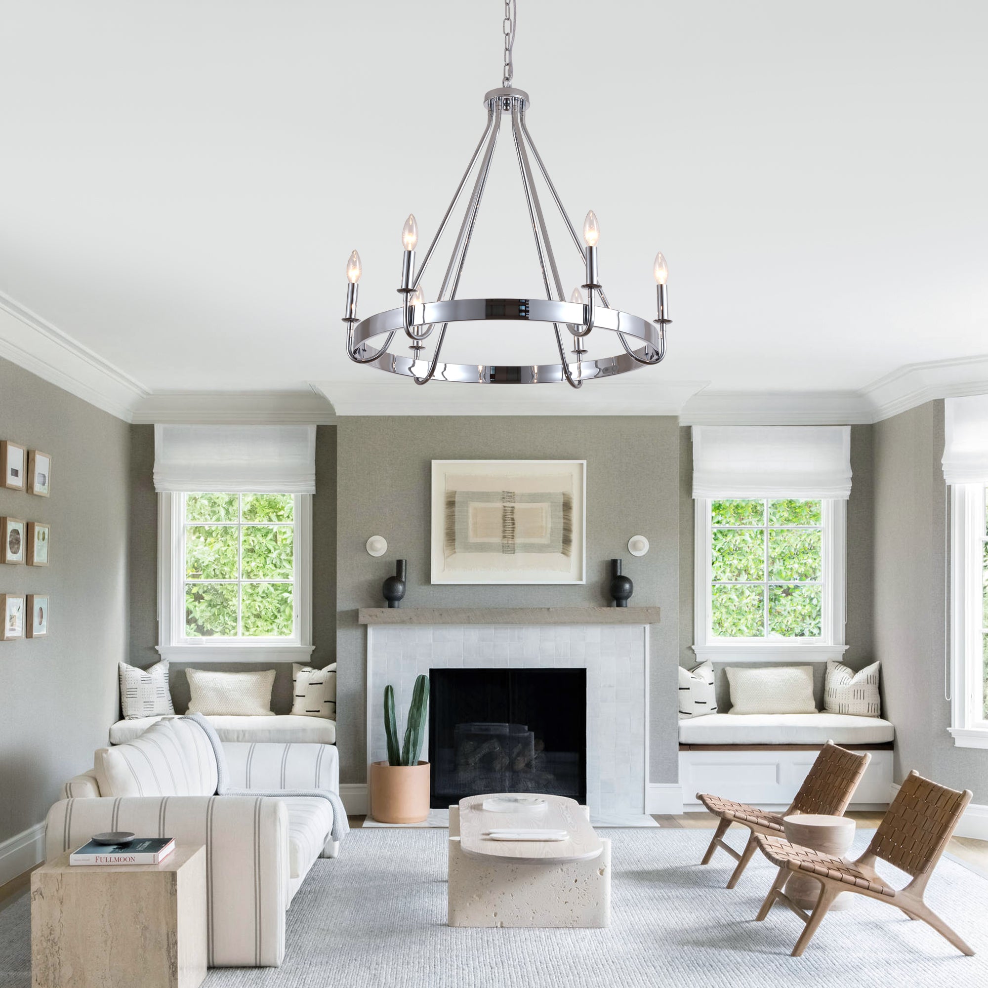 6 - Light Chrome Farmhouse Wagon Wheel Chandelier,  28 Inch Industrial Rustic Vintage Round Kitchen Island Pendant Light for Dining Room