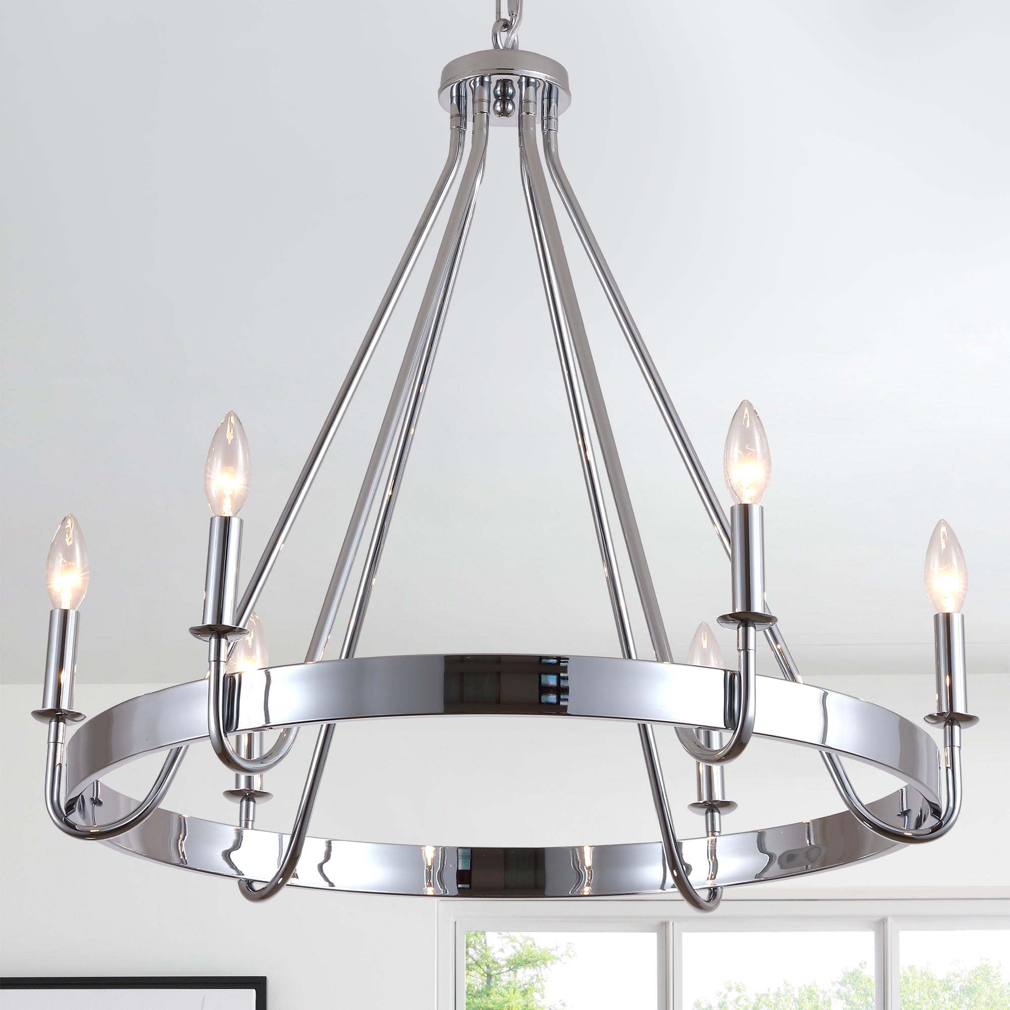 6 - Light Chrome Farmhouse Wagon Wheel Chandelier,  28 Inch Industrial Rustic Vintage Round Kitchen Island Pendant Light for Dining Room