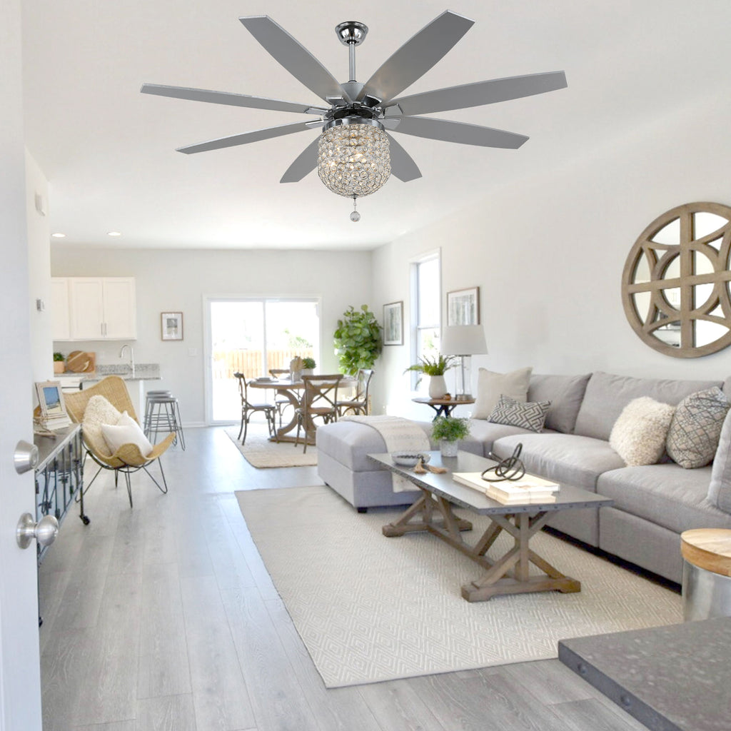 DC6504-BellaDepot 65" 8 Wooden Blades Silver Finish Crystal Reversible Ceiling Fan with Remote and 3 Lights, Large Size 6-speed Ceiling Fan
