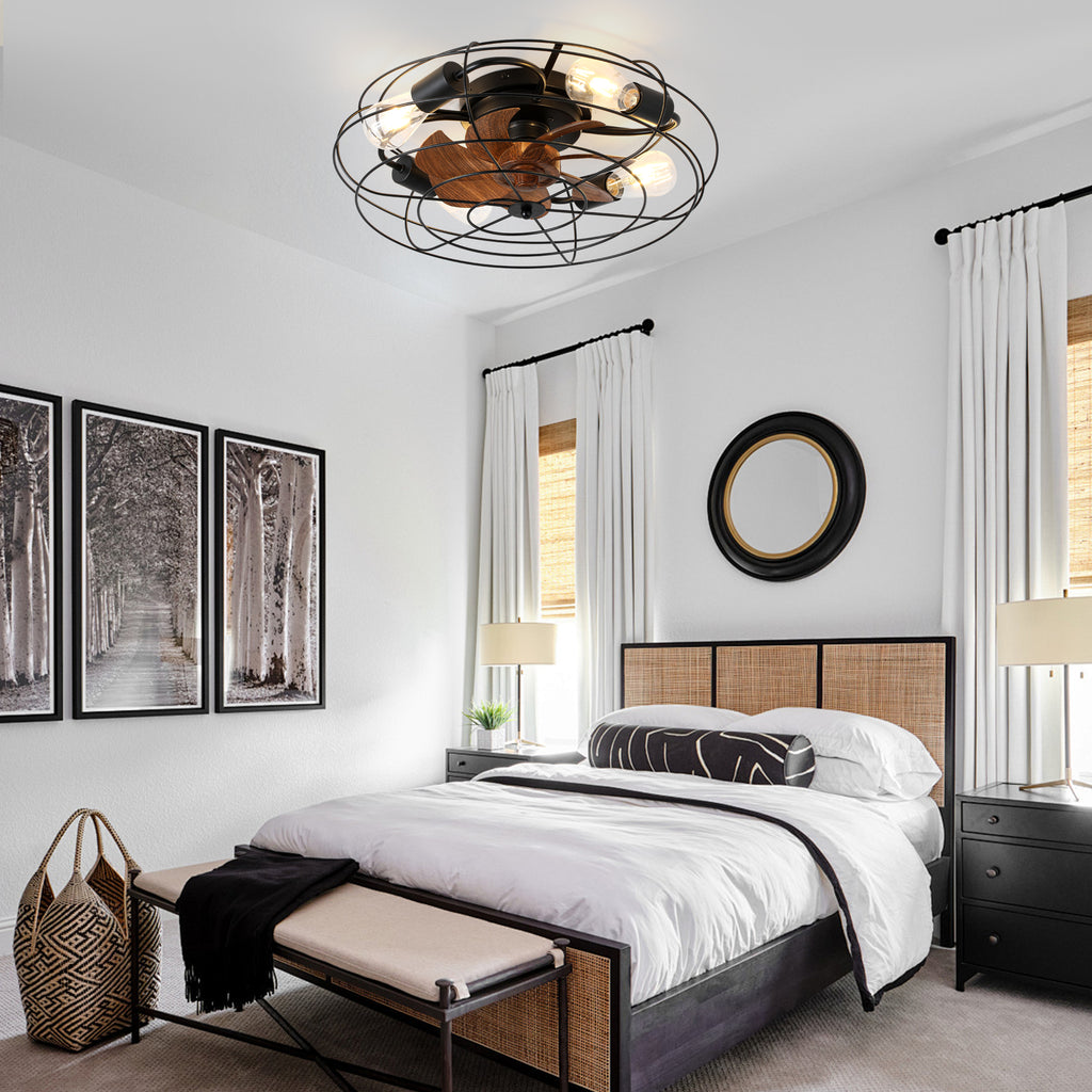 20 Inch Farmhouse Industrial Flush Mount Ceiling Fan with Lights and Remote, 6 Speeds DC Motor Bladeless Caged Ceiling Fan for Bedroom