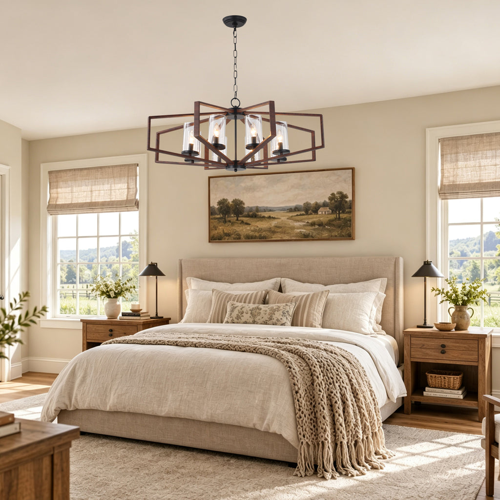 Farmhouse 35 Inch Metal Caged Chandelier Glass Lampshade Hollowed Out Lighting Retro Chandeliers Industrial Versatile Chandelier Suit for Bedrooms, Living Rooms, Kitchens
