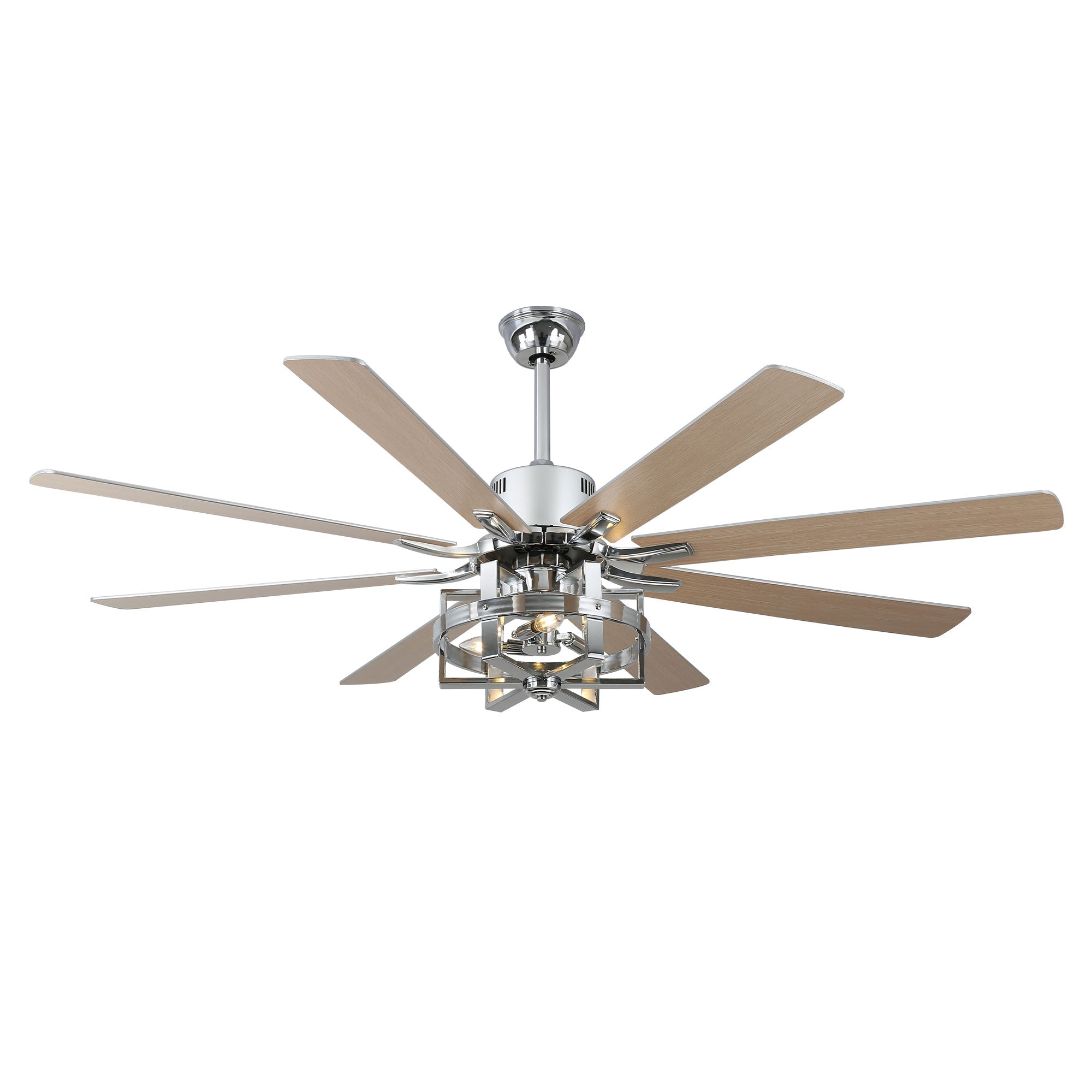 DC6501-BellaDepot 65" 8 Wooden Blades Black/Silver Finish Industrial Caged Reversible Ceiling Fan with Remote and 3 Lights, Large Size 6-speed Ceiling Fan