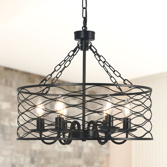 FC4081-Industrial Modern Design Metal Caged Chandelier, Geometric Pendant Light, with Light Kit and Adjustable Chain