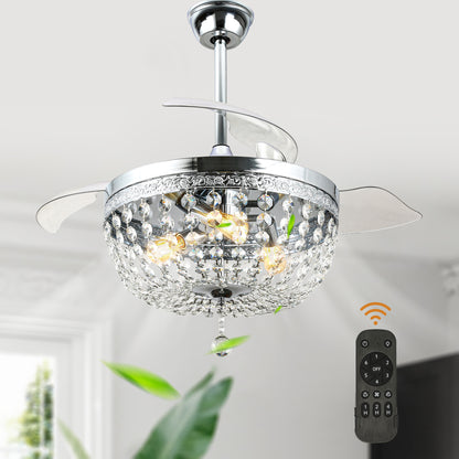 BellaDepot 42" Retro Silver Crystal Chandelier Ceiling Fan with Invisible Blades and Remote Control, Retractable Ceiling Fan for Living Room- DC4269-C