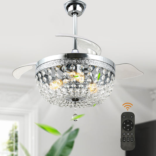 BellaDepot 42" Retro Silver Crystal Chandelier Ceiling Fan with Invisible Blades and Remote Control, Retractable Ceiling Fan for Living Room- DC4269-C