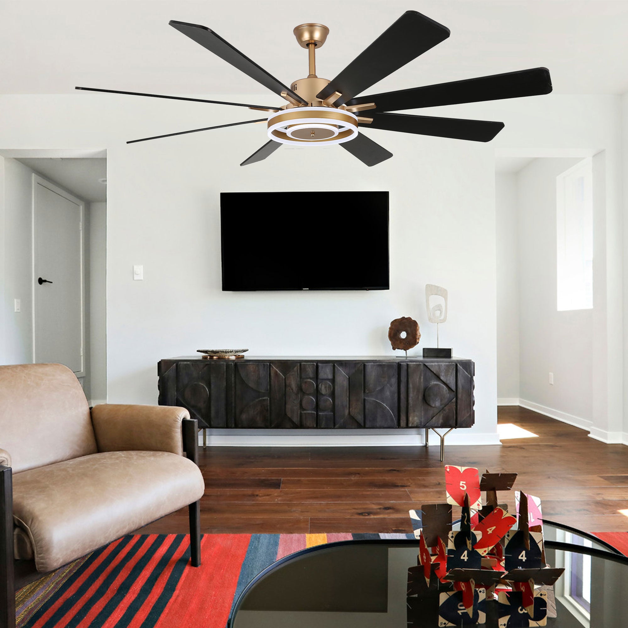 DC7202-BellaDepot 72" 8 Wooden Blades Gold/Black/Silver Finish Modern Urban Reversible Ceiling Fan with Remote and LED Light Kit Included, Large Size Dimmable Ceiling Fan