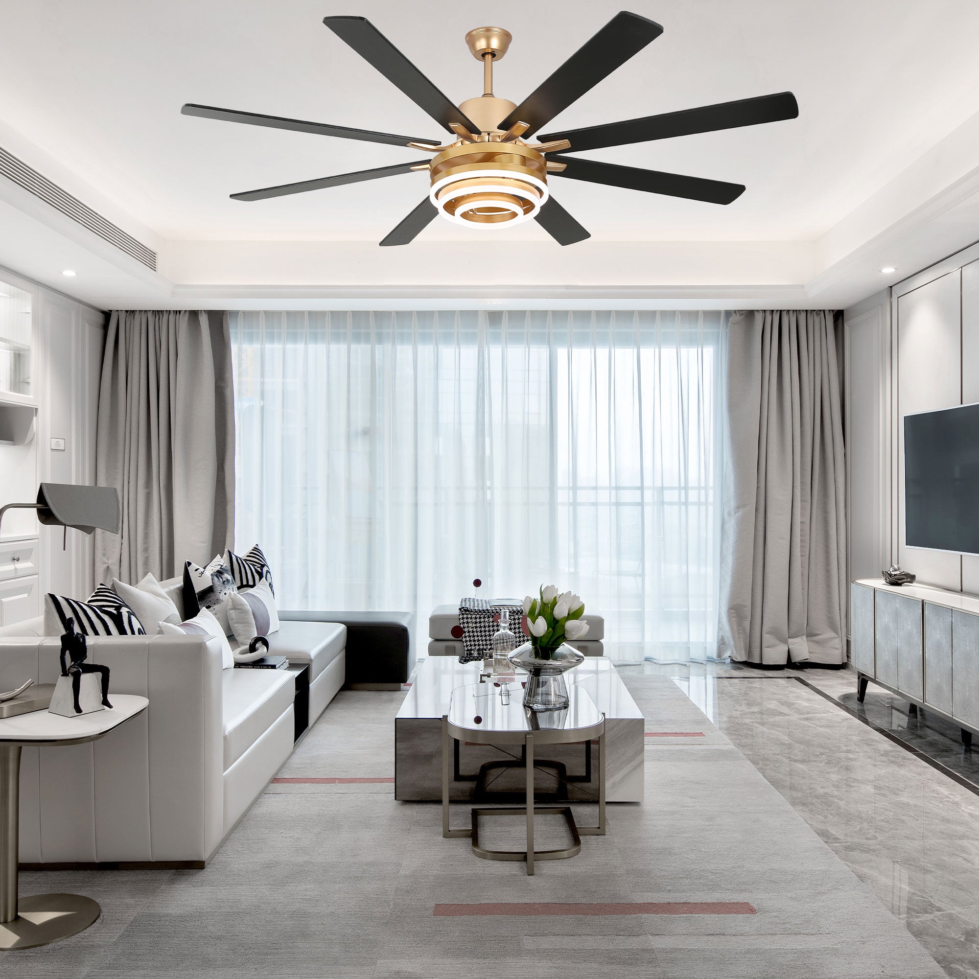 DC7205-BellaDepot 72" 8 Blades Gold/Black/Silver Finish Modern Urban Reversible Ceiling Fan with Remote and LED Light Kit Included, Large Size Dimmable Ceiling Fan