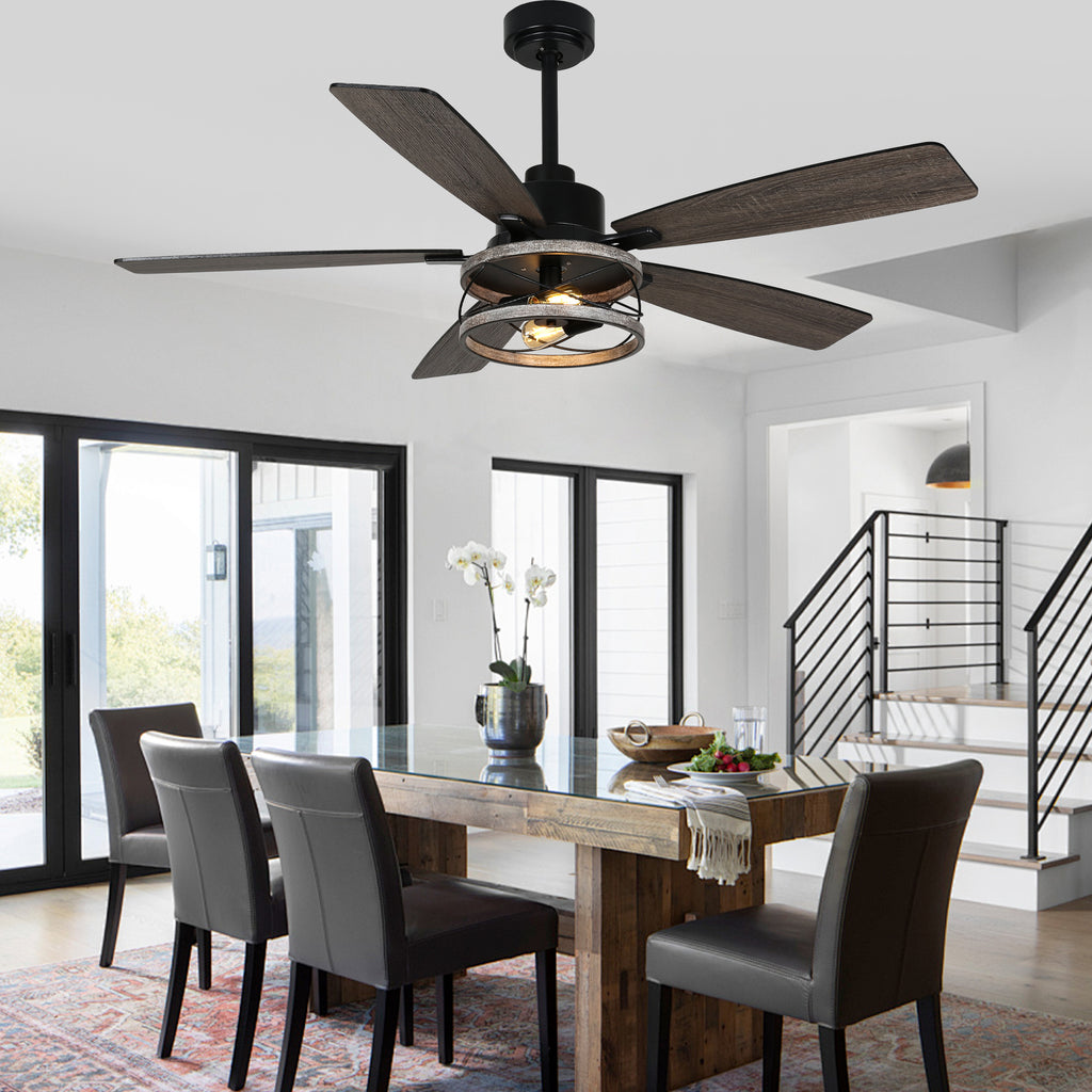 52 Inch Black Farmhouse Ceiling Fan with Lights and Remote Control, 6 Speeds DC Motor Reversible Caged Ceiling Fan