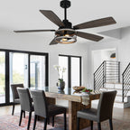 52 Inch Black Farmhouse Ceiling Fan with Lights and Remote Control, 6 Speeds DC Motor Reversible Caged Ceiling Fan
