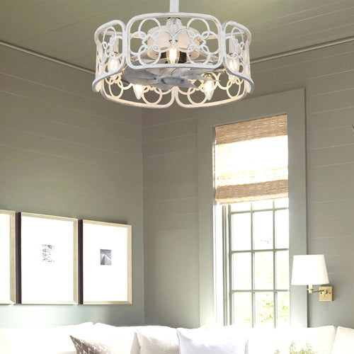 18 Inch Farmhouse Distressed White Caged Ceiling Fan with Lights and Remote, 8-Blade Reversible Bladeless Fandelier Ceiling Fan