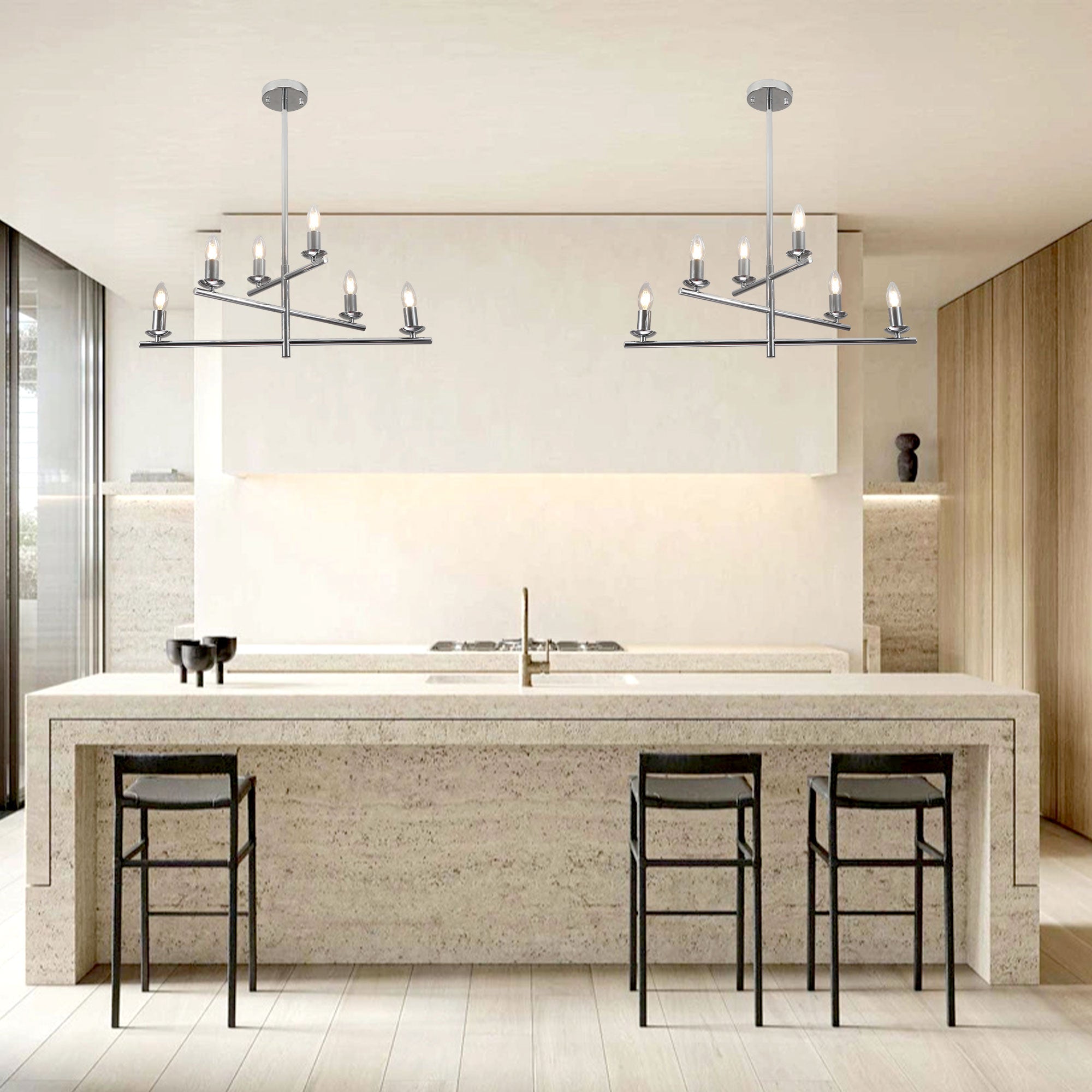 6 Lights Black/Chrome Finish Linear Industrial Chandelier, DIY Shape Linear Chandelier Dining Room Pendant Light