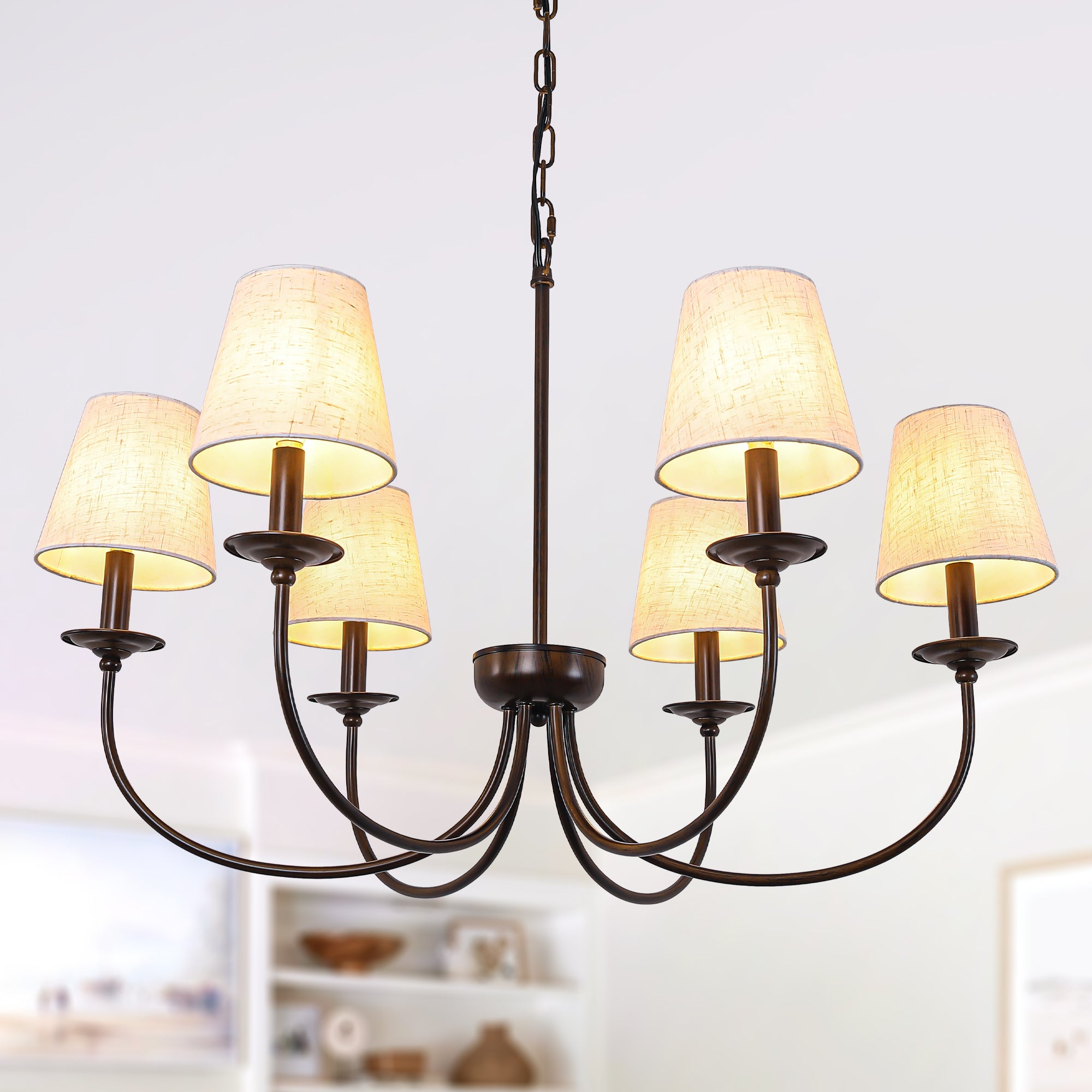 6-Light Black Farmhouse Chandelier with Fabric Shades, 30 Inch Classic Dining Room Light Fixture, Adjustable Pendant Lighting for Kitchen Island