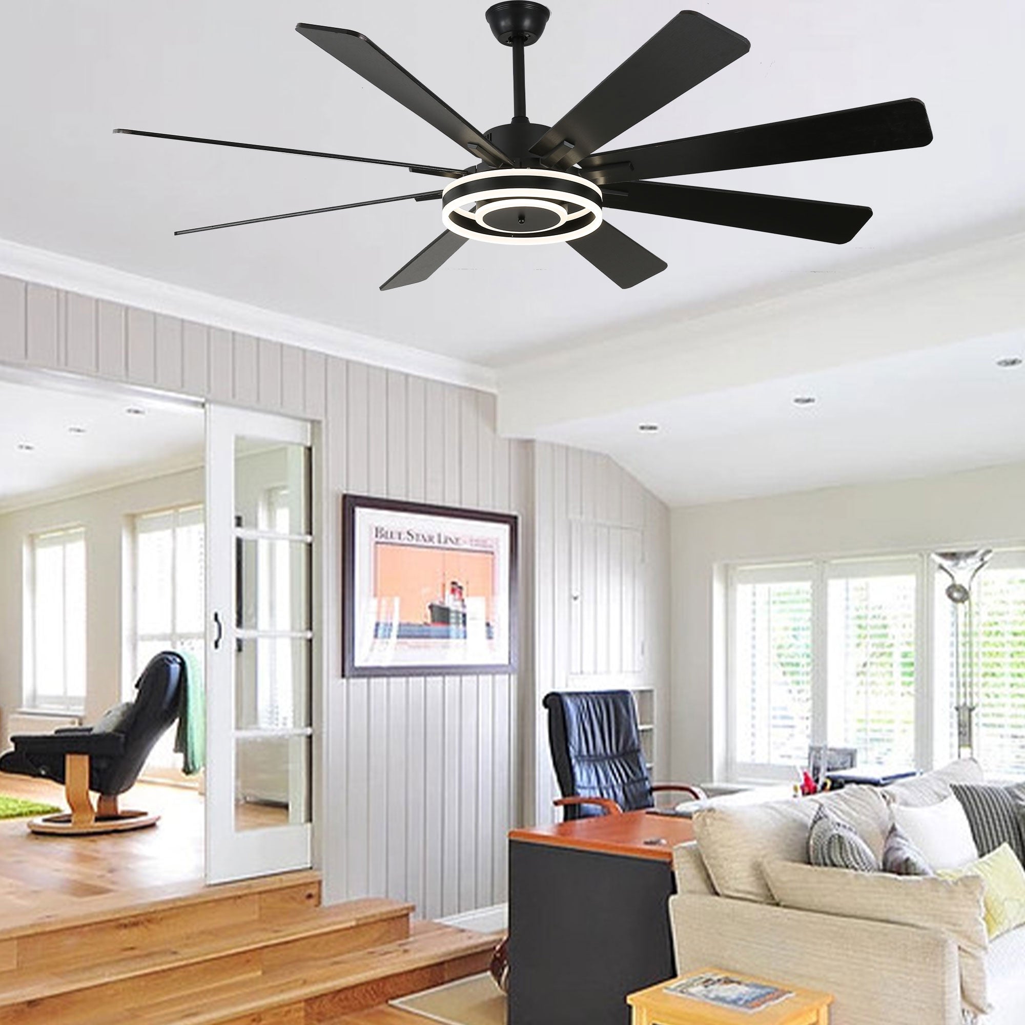 DC7202-BellaDepot 72" 8 Wooden Blades Gold/Black/Silver Finish Modern Urban Reversible Ceiling Fan with Remote and LED Light Kit Included, Large Size Dimmable Ceiling Fan