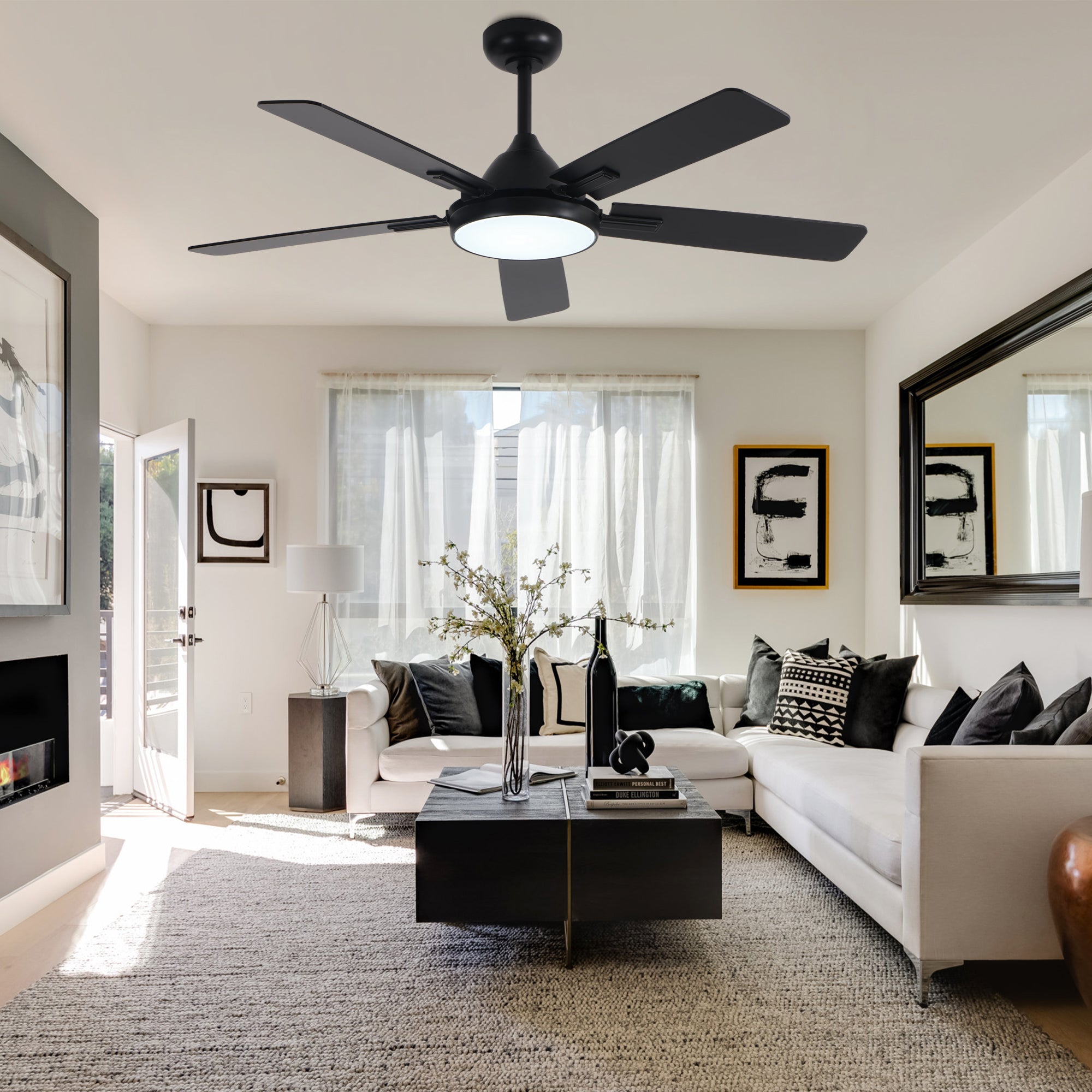 52 Inch Black Modern Ceiling Fan with LED Light, 6-Speed Reversible DC Motor, 5 Dual-Finish Wood Blades, Remote Control, Adjustable Height