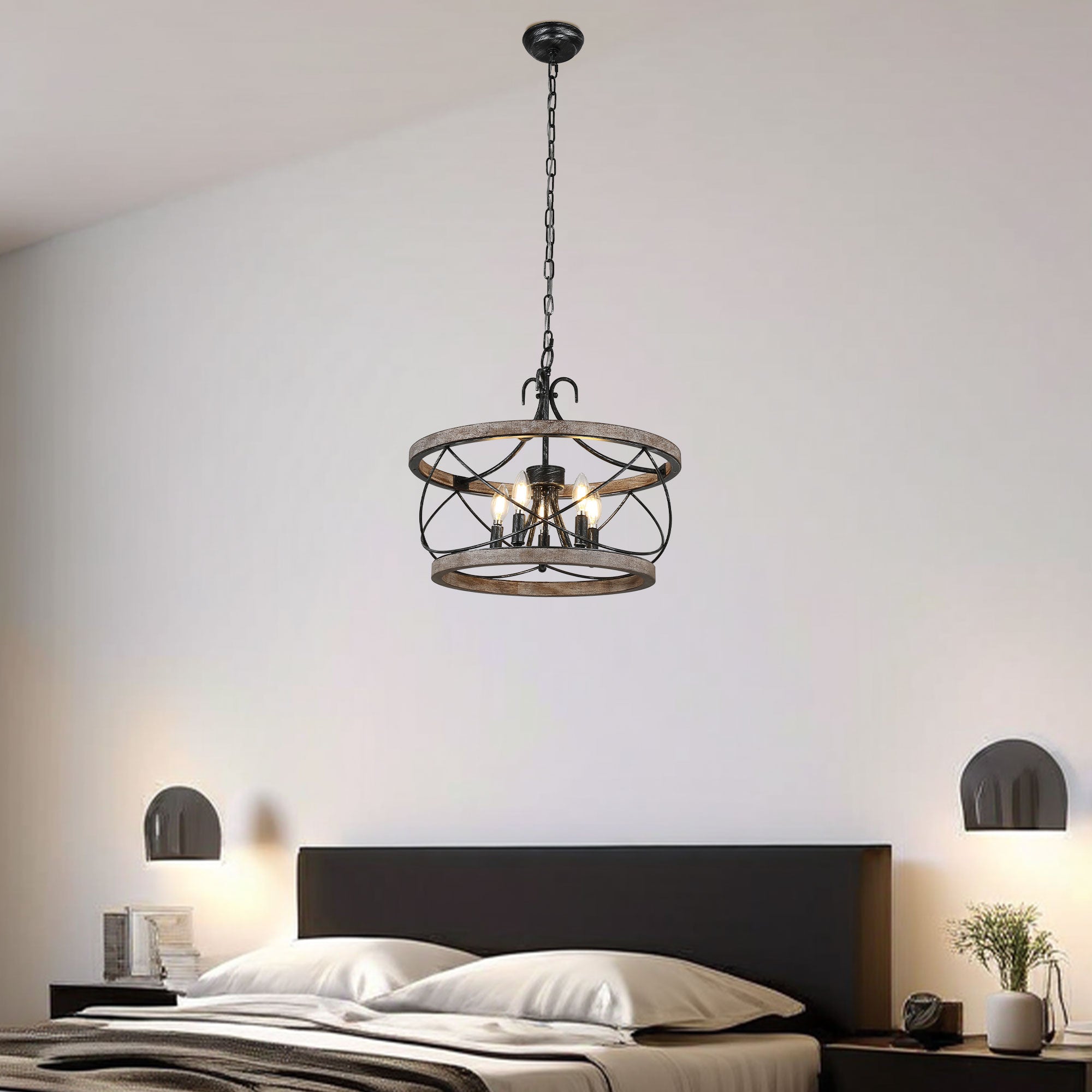 FC4065-Vintage Style Wooden Chandelier with Adjustable Chain and Candelabra Bulb Base