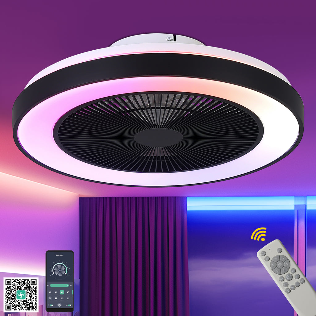 19 Inch Modern Smart Flush Mount Ceiling Fan with Dimmable LED Light and Remote, 6 Speeds DC Motor Bladeless Ceiling Fan for Low Profile with RGB Light