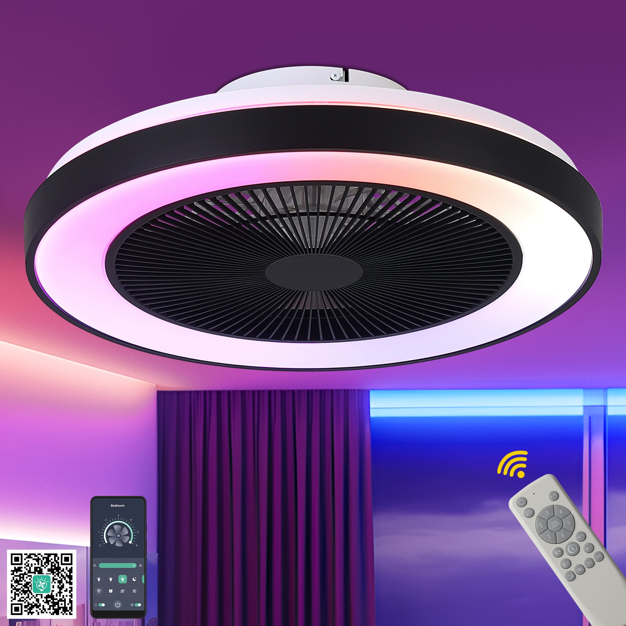 19 Inch Modern Smart Flush Mount Ceiling Fan with Dimmable LED Light and Remote, 6 Speeds DC Motor Bladeless Ceiling Fan for Low Profile with RGB Light