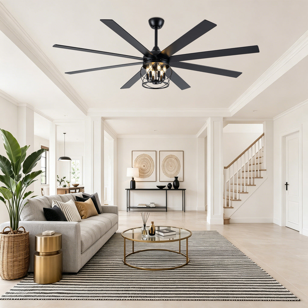 Industrial 72 Inch Large Ceiling Fan with Light Quiet Reversible DC Motor with Remote Control Ceiling Fan Adjustable Downrods Ceiling Fan Suit for Bedroom, Living Room