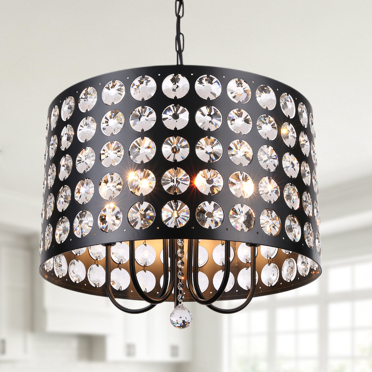 Crystal 20 Inch Metal Caged Chain Chandelier Luxurious  Modern with 5 Light Bulbs Chandelier Adjustable Chain Pendant Light Suit for Bedrooms, Kitchens, Dining Room