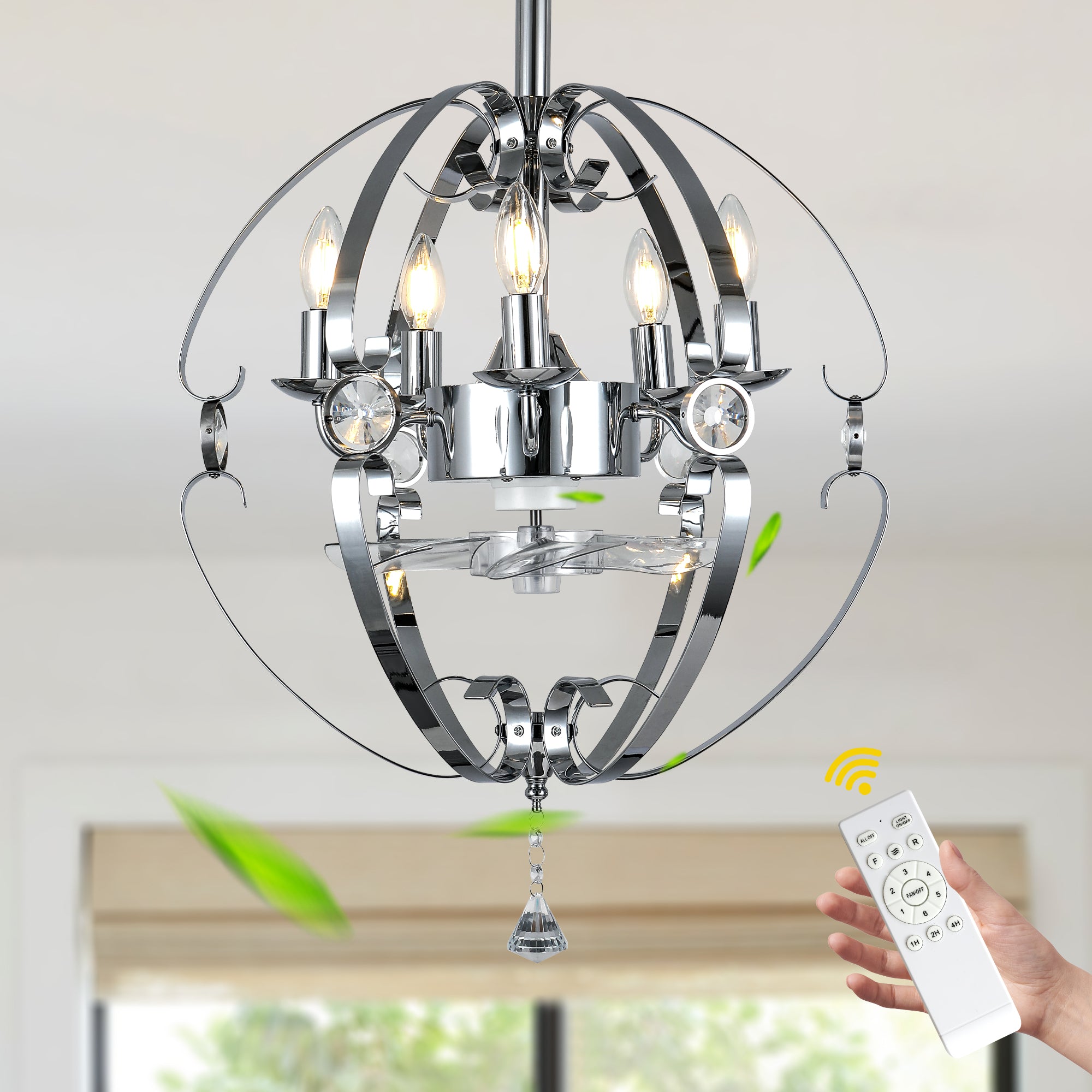 DC2031-BellaDepot 19.7" Silver Finish Luxury Crystal Reversible Ceiling Fan with Remote and 5 Lights, 6-Speed Ceiling Fan