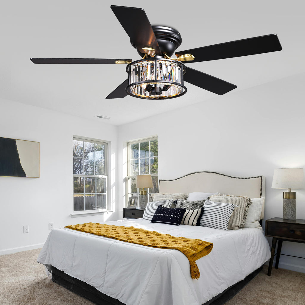 52 Inch Modern Glam Crystal Flush Mount Ceiling Fan with Lights and Remote, 6 Speeds DC Motor Reversible Low Profile Ceiling Fan