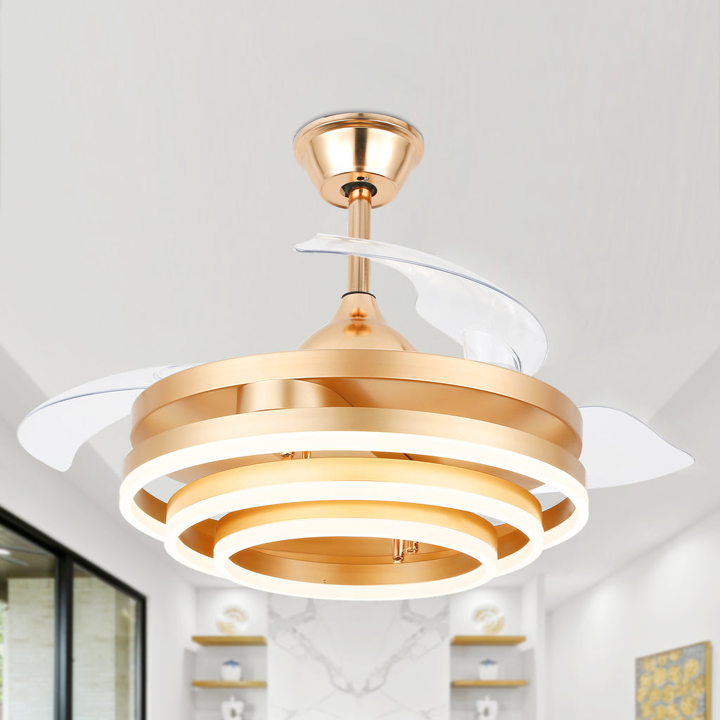 42 Inch Modern Smart Retractable Ceiling Fan with LED Light and Remote, 6 Speeds DC Motor Bladeless Ceiling Fan with DIY Shade