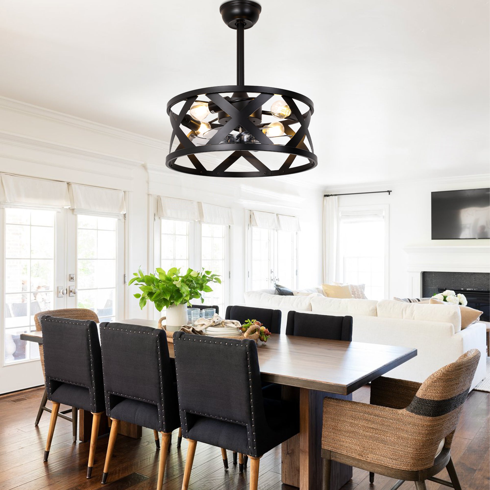 20 Inch Black Industrial Ceiling Fan with Light and Remote, 6-Speed DC Motor Bladeless Ceiling Flush Mount & Downrod Options