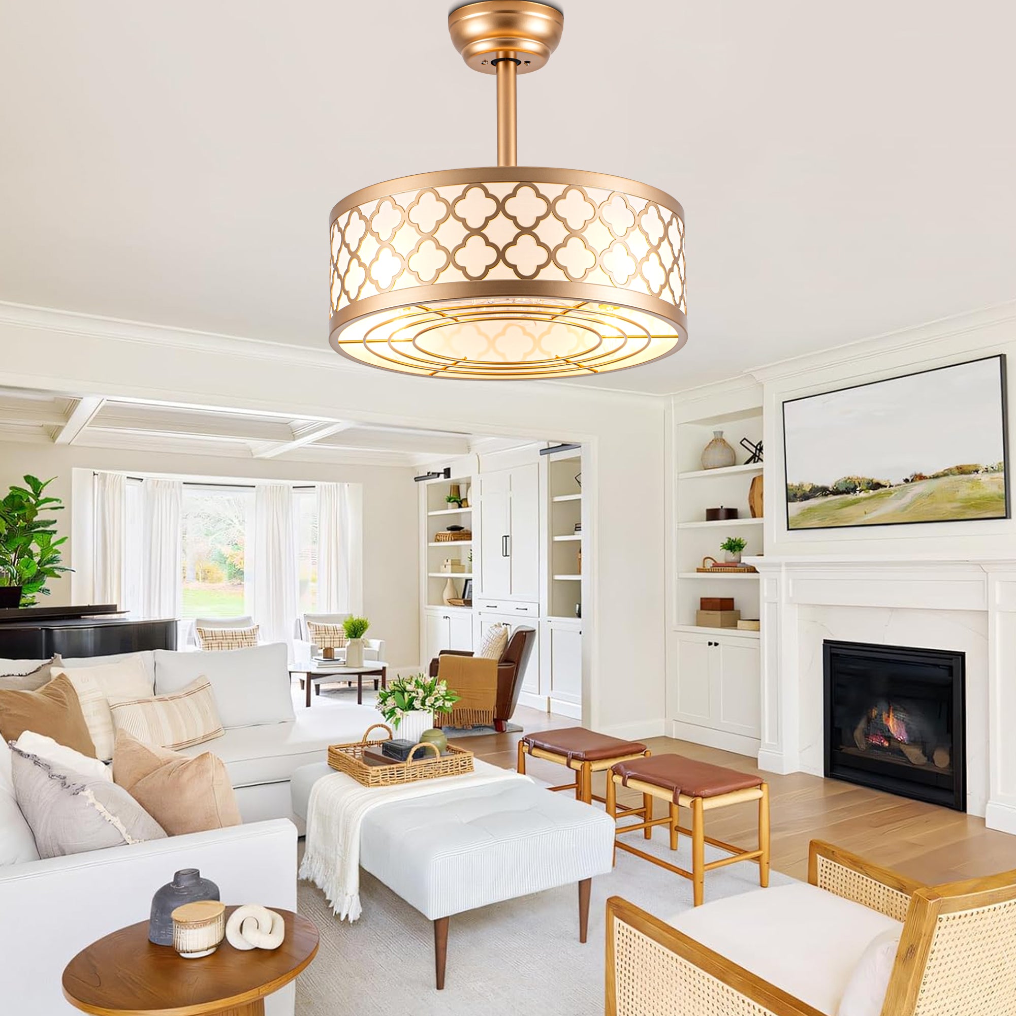 18 Inch Gold Drum Caged Ceiling Fan with Lights and Remote, 6 Speeds DC Motor Reversible Bladeless Fandelier Ceiling Fan