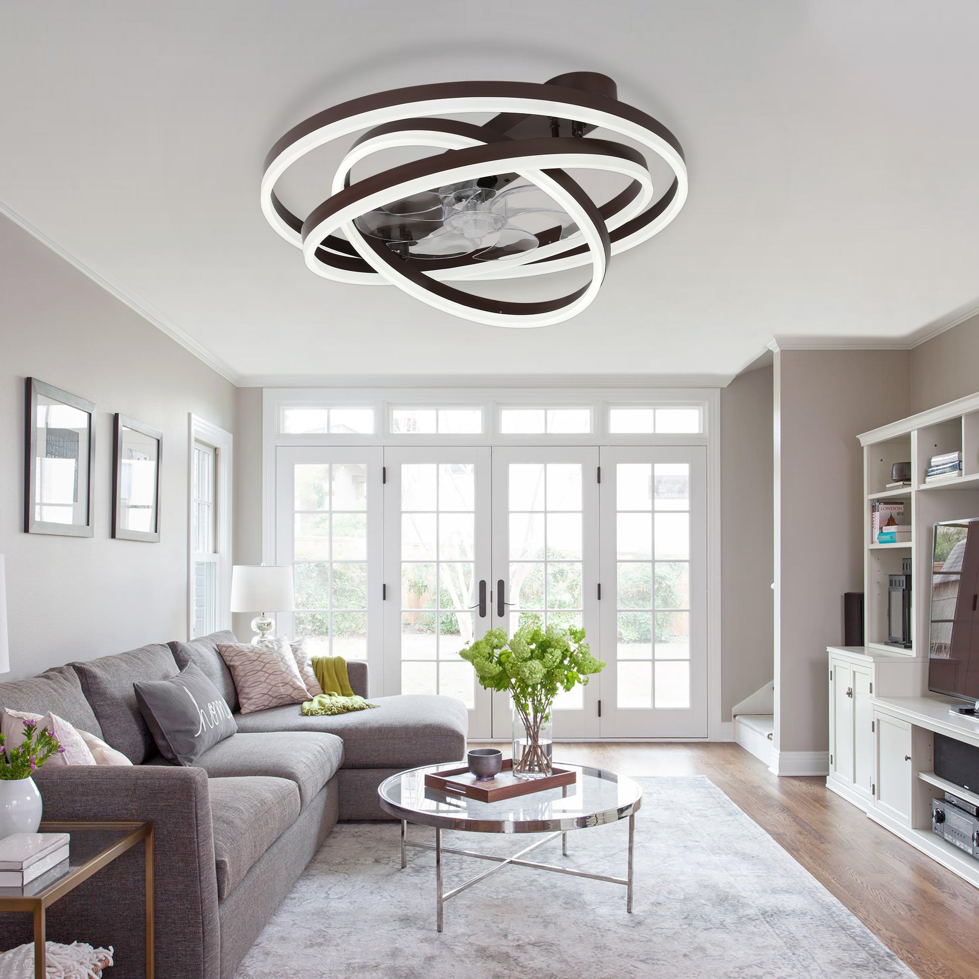24 Inch Modern Smart Flush Mount LED Ceiling Fan with Light and Remote, 6 Speeds DC Motor Bladeless Low Profile Ceiling Fan